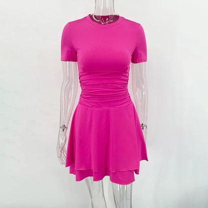 Fashion Folds Ruffled Mini Dress For Women Summer New Solid Color Short Sleeves Female Clubs Party Sexy Slim Fit Dress