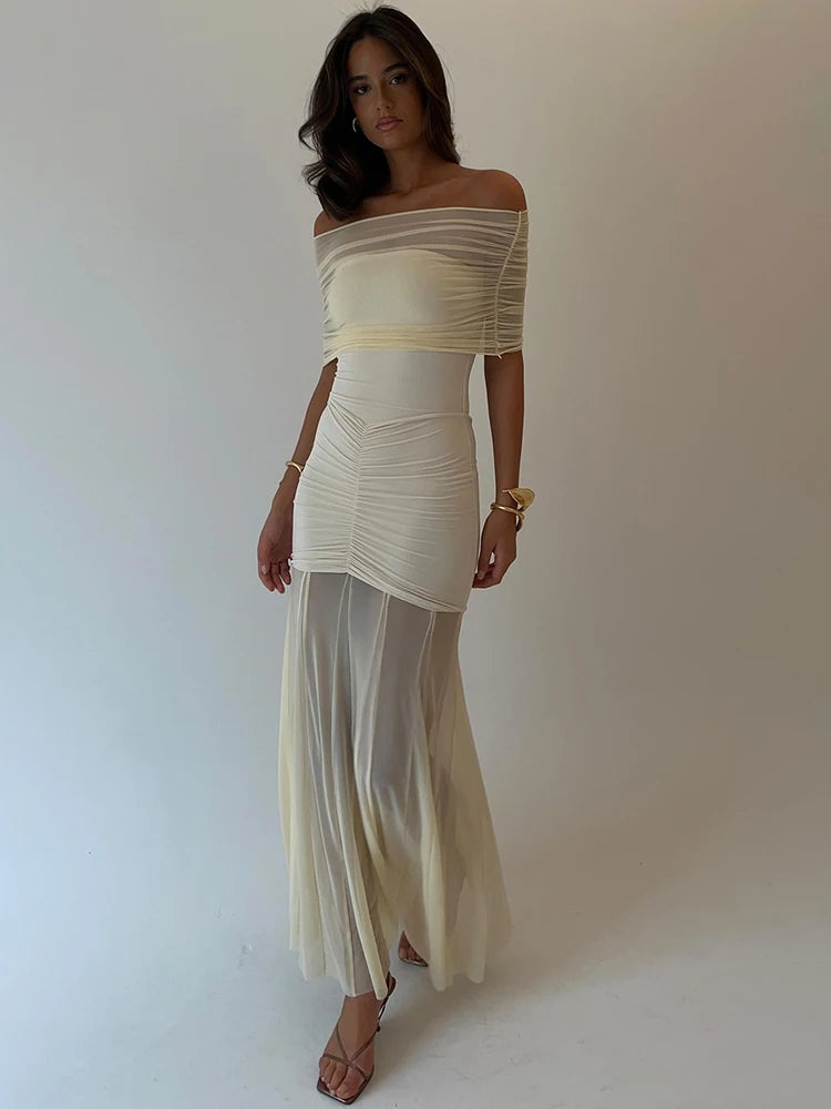 Strapless Pleated Mesh Splice Maxi Dress Two-Piece Backless Elegant See Through Sexy Party Dresses Slim One Step Dress