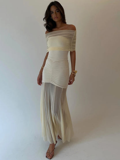 Strapless Pleated Mesh Splice Maxi Dress Two-Piece Backless Elegant See Through Sexy Party Dresses Slim One Step Dress