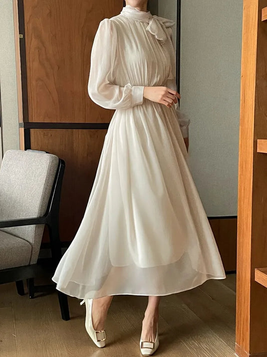 Elegantes vestidos midi para mujer, mangas largas, cuello medio alto, con cordones, corte en A, moda coreana, otoño, nuevo, vestido de una pieza para mujer