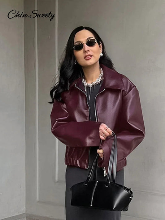 Chaqueta bomber de cuero con solapa de moda para mujer, abrigo holgado con cremallera y mangas largas, estilo locomotora, ropa de calle de otoño para mujer