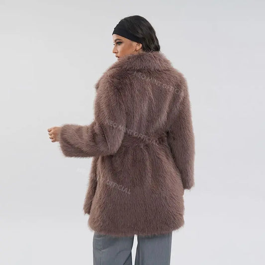 Luxury Brand Belted Long Fluffy Faux Fur Coat Women  Winter Thicken Warm Lapel Fox Fur Collar Furry Jacket Overcoat