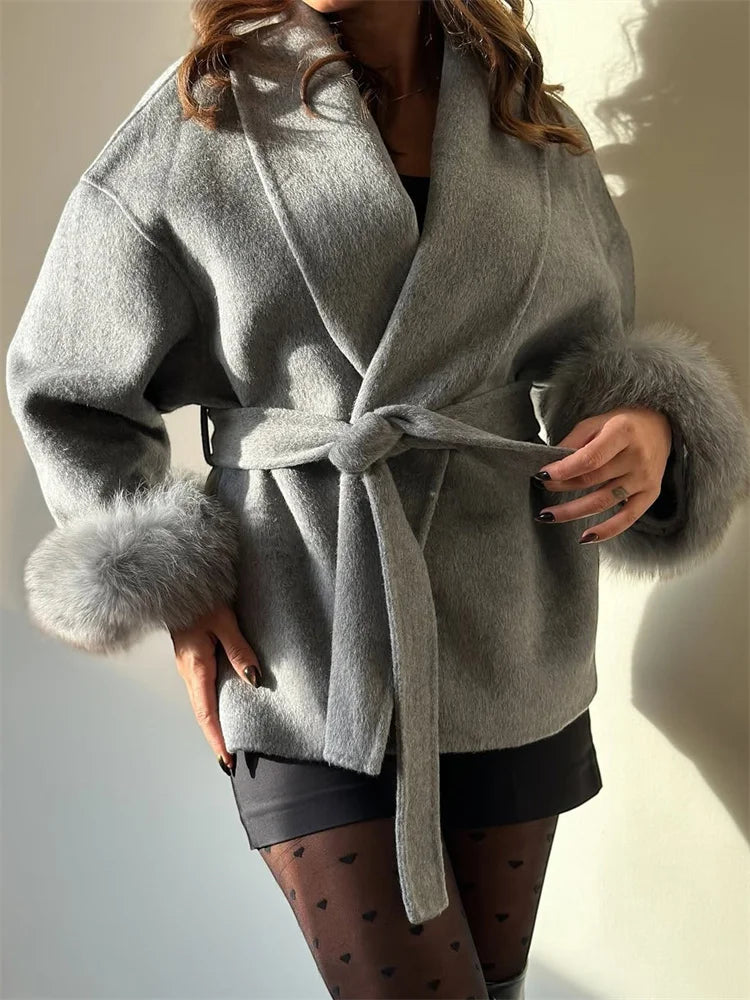 Abrigo de lana de piel de zorro para mujer, abrigo corto de oficina, elegante abrigo de lana de doble cara, chaquetas tipo cárdigan nuevas de 2025, holgadas