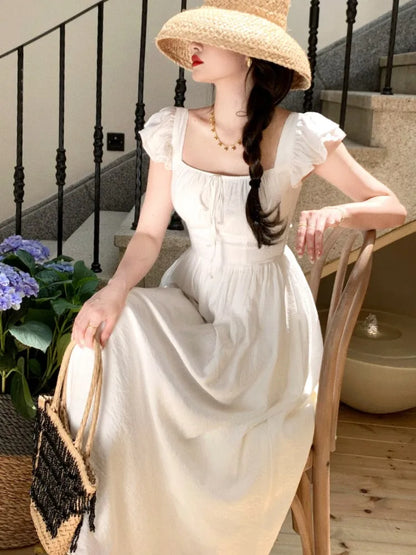 Elegante vestido midi vintage para mujer, novedad de verano, cuello cuadrado, cintura alta, vestido de fiesta de princesa, vestido informal de corte A para mujer