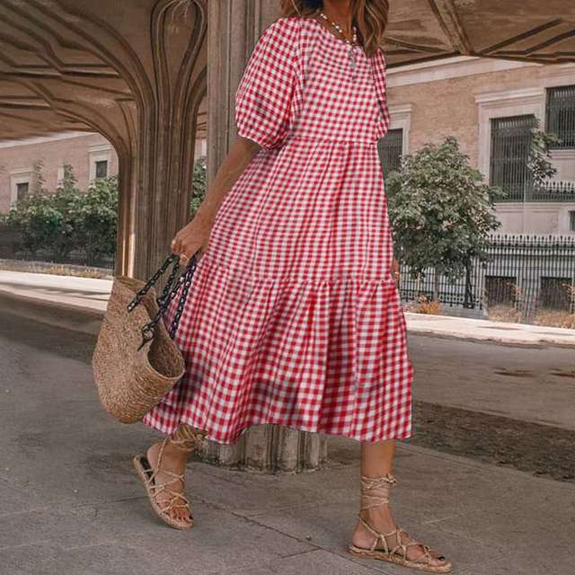 Vestido estampado de verano 2025 para mujer, manga corta abullonada, volantes, holgado, corte A, midi, informal, para playa y vacaciones
