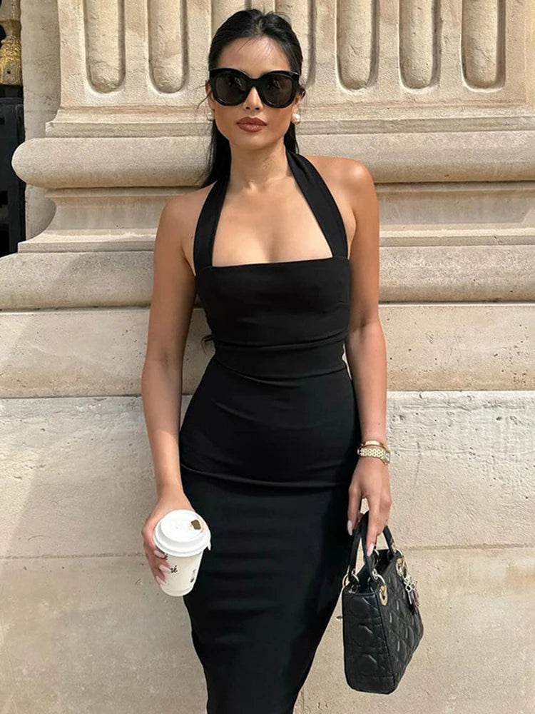 Vestido de noche negro ajustado de un solo hombro para mujer, sexy, sin espalda, sin mangas, con cuello alto, vestido de fiesta largo para mujer, elegante