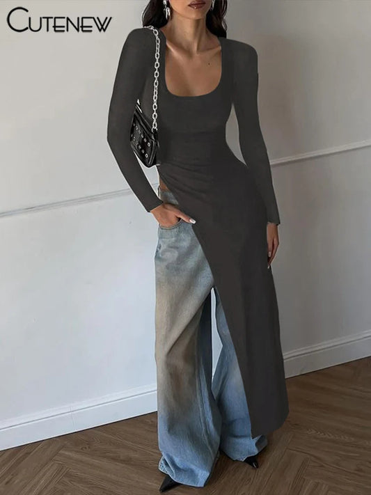 Solid Super Long Tops Women Casual Fashion Full Sleeve Square Neck Splited Skinny Tees Solid Concise Female Classic Wear