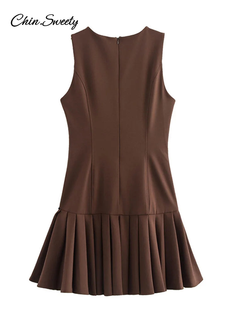 Elegante minivestido plisado para mujer, marrón, cuello redondo, sin mangas, corte A, cintura alta, vestidos de fiesta, moda informal, nuevo, batas con cremallera