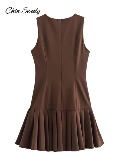Elegante minivestido plisado para mujer, marrón, cuello redondo, sin mangas, corte A, cintura alta, vestidos de fiesta, moda informal, nuevo, batas con cremallera