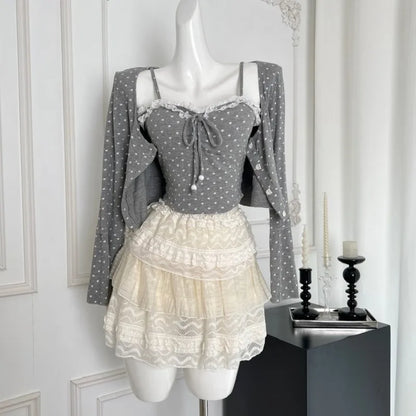 Conjunto de falda de 3 piezas para mujer, cárdigan con tirantes finos, minifalda estilo pastel, estilo coreano Y2K Kawaii, novedad de otoño