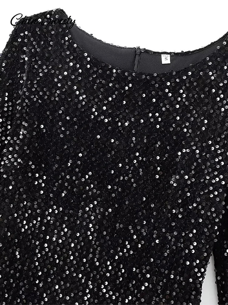 Vestido corto sexy con lentejuelas Y2K y volantes para mujer, elegante, sin espalda, cuello redondo, manga larga, negro, ajustado, para fiesta de otoño