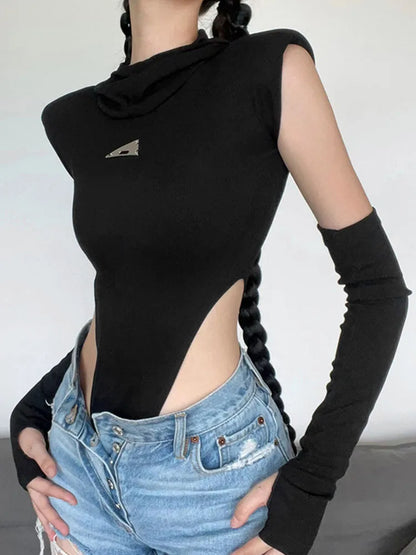 Body de una pieza con capucha de color sólido a la moda, lencería sexy de cuello redondo sin mangas, ropa informal ajustada, atuendo de festival