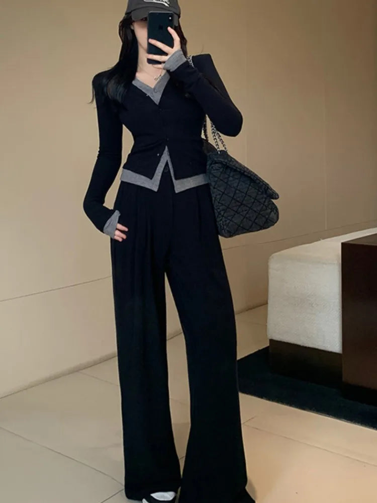 Conjunto de dos piezas de pantalón informal de otoño para mujer, manga larga, cuello en V, top de una sola botonadura, pantalones de pierna ancha, moda coreana, nuevo
