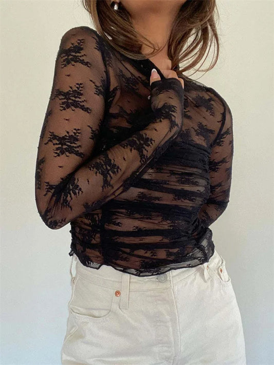 See-Through Lace Mesh T-shirt For Women Long Sleeve Printed Fashion Sexy Summer  Contrast Pullover Female Slim Tee Top