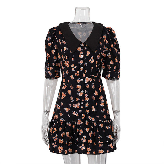 Vestido mini floral de manga corta para mujer, elegante vestido francés con cuello vuelto, vestidos de cintura alta a la moda para mujer