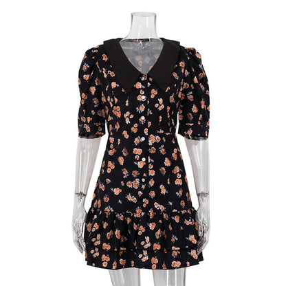 Vestido mini floral de manga corta para mujer, elegante vestido francés con cuello vuelto, vestidos de cintura alta a la moda para mujer