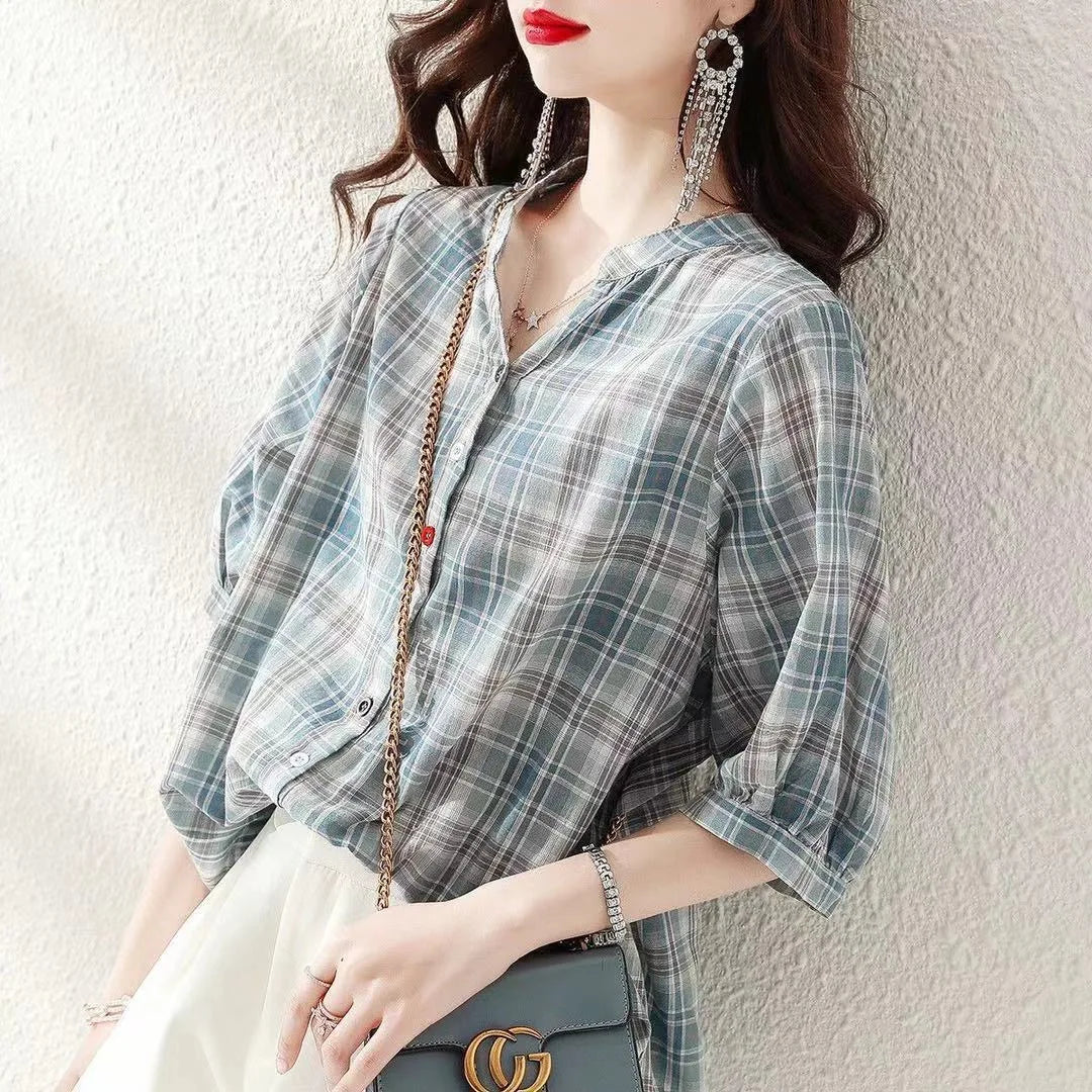 Blusas de verano para mujer, informales, con cuello en V, manga corta, a rayas y estampado DF4537