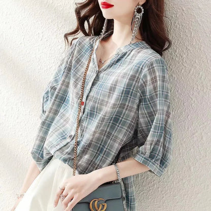 Blusas de verano para mujer, informales, con cuello en V, manga corta, a rayas y estampado DF4537