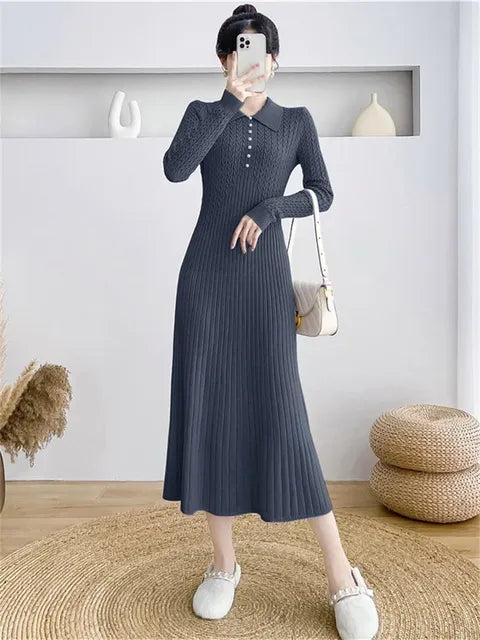 Ribbed Autumn Knit Long Dress For Women Fashion High Waist Elegant Solid Long Sleeve Dress Lapel Loose Knitwear Maxi Dress
