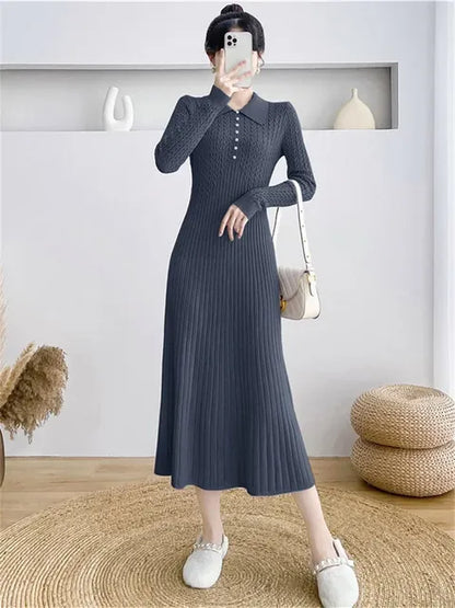 Ribbed Autumn Knit Long Dress For Women Fashion High Waist Elegant Solid Long Sleeve Dress Lapel Loose Knitwear Maxi Dress