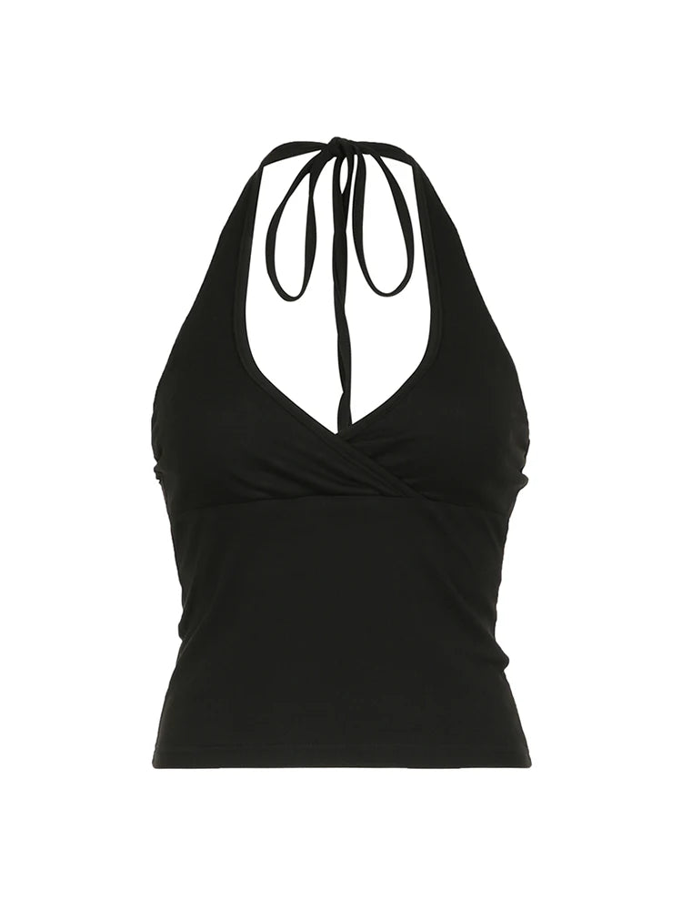 Top corto con cuello en V y lazo cruzado para mujer, liso, básico, informal, ajustado, sin espalda, sexy, sin mangas