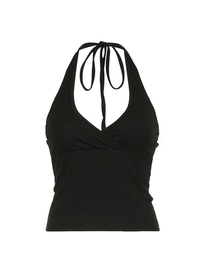 Top corto con cuello en V y lazo cruzado para mujer, liso, básico, informal, ajustado, sin espalda, sexy, sin mangas