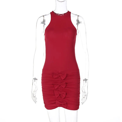 Vestido minivestido sexy plisado con lazos, ajustado, de cuello redondo, sin mangas, para mujer, a la moda, para fiesta en club y club.