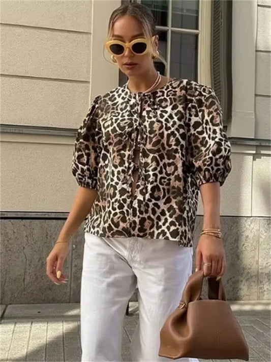 Leopard Printed Female Shirts Top Casual Contrast Short Sleeve Hollow Out Lace-Up Slim Y2k Top Autumn  Bandage Shirts