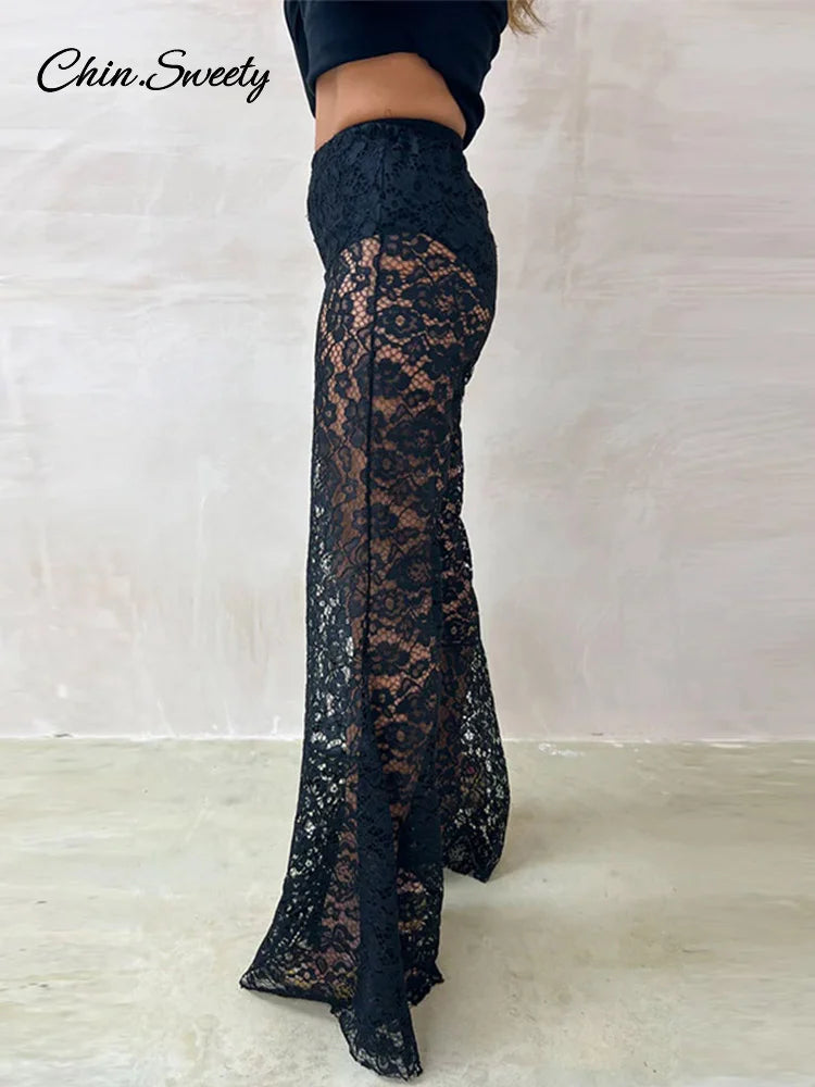 Sexy Lace Sheer Flare Pant Women Hollow Out Lady Vacation Long Trousers Female 2025 Spring Elastic High Waist Streetwear New