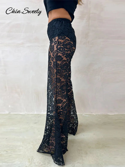 Sexy Lace Sheer Flare Pant Women Hollow Out Lady Vacation Long Trousers Female 2025 Spring Elastic High Waist Streetwear New