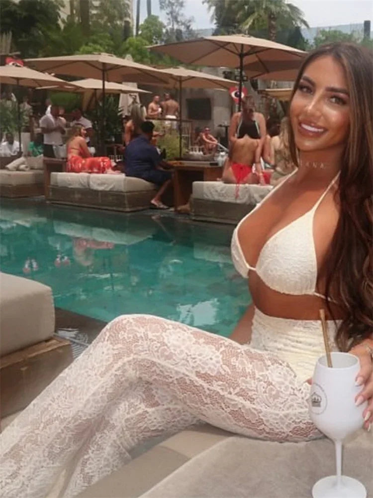 Conjunto de 3 piezas de verano para mujer, traje de baño sexy con escote en V, top transparente con espalda descubierta y pantalones estampados.