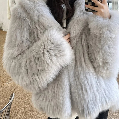 Abrigo de piel sintética de invierno para mujer, con capucha, holgado, de manga larga, chaqueta de piel de lujo de calle, abrigos de moda para mujer, nuevo