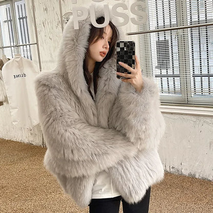 Abrigo de piel sintética de invierno para mujer, con capucha, holgado, de manga larga, chaqueta de piel de lujo de calle, abrigos de moda para mujer, nuevo