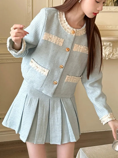 Spring Summer Women Fashion Korean Skirts Suit Elegant Chic Solid Coat A-Line Pleated Skirts Two Pieces Set Female Clothes New