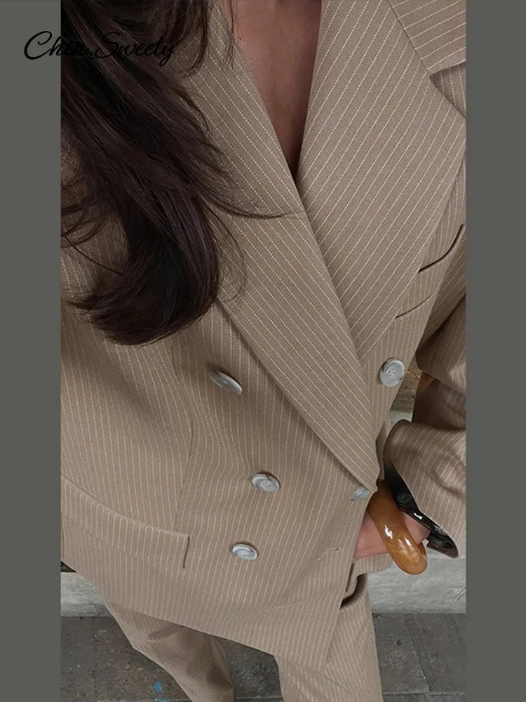 Striped Pant 2 Piece Set Women Double-breasted Full Sleeve Blazer Wide Leg Zipper Long Trousers Female 2025 Lady Commute Outfits