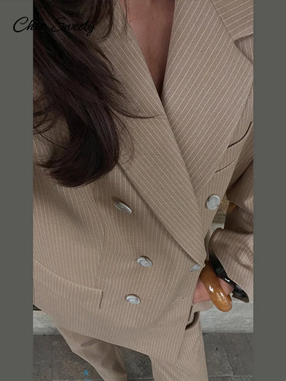 Striped Pant 2 Piece Set Women Double-breasted Full Sleeve Blazer Wide Leg Zipper Long Trousers Female 2025 Lady Commute Outfits