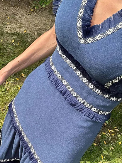 Vestido largo elegante con volantes y estampado de borlas empalmadas para mujer, cuello en V, sin mangas, corte A, elegante bata de fiesta para mujer