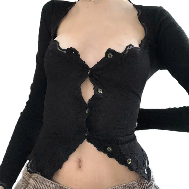Coquette Shirt y2k Clothes Women Solid Color Lace Trim Single Breasted Long Sleeve Blouse Fairycore Clothing Streetwear