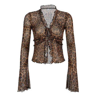 Blusa con estampado de leopardo y cordones para mujer, de malla semitransparente, elegante, a la moda, sexy, con mangas acampanadas y volantes