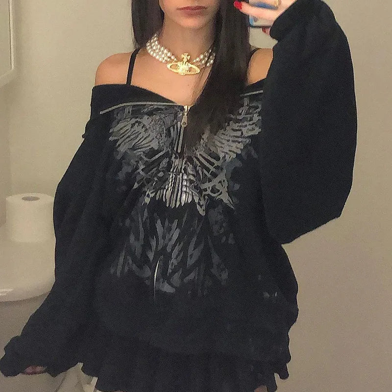 Dark personality printed hoodie female American  new black hooded zipper coat loose casual top