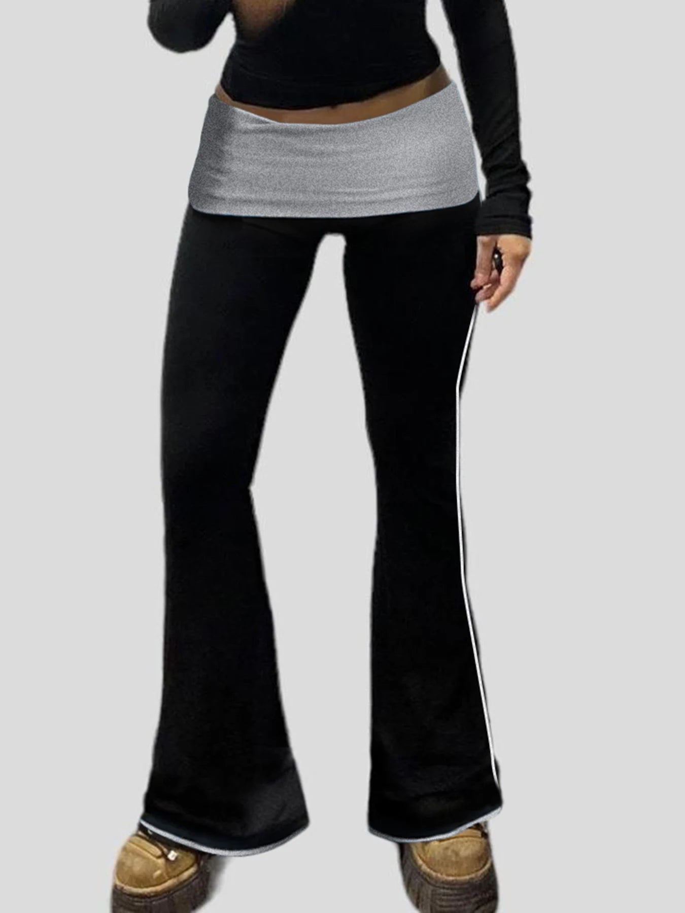 Contrast Binding Waist Slim Basic Casual Flared Pants For Women American Retro Skinny Sexy Sports Jogging Sweatpants