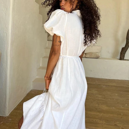 Leisure V-Neck Lace Up White Maxi Dress For Women Solid Color High Waisted Short Sleeves Ruched Patchwork Girdle Dress