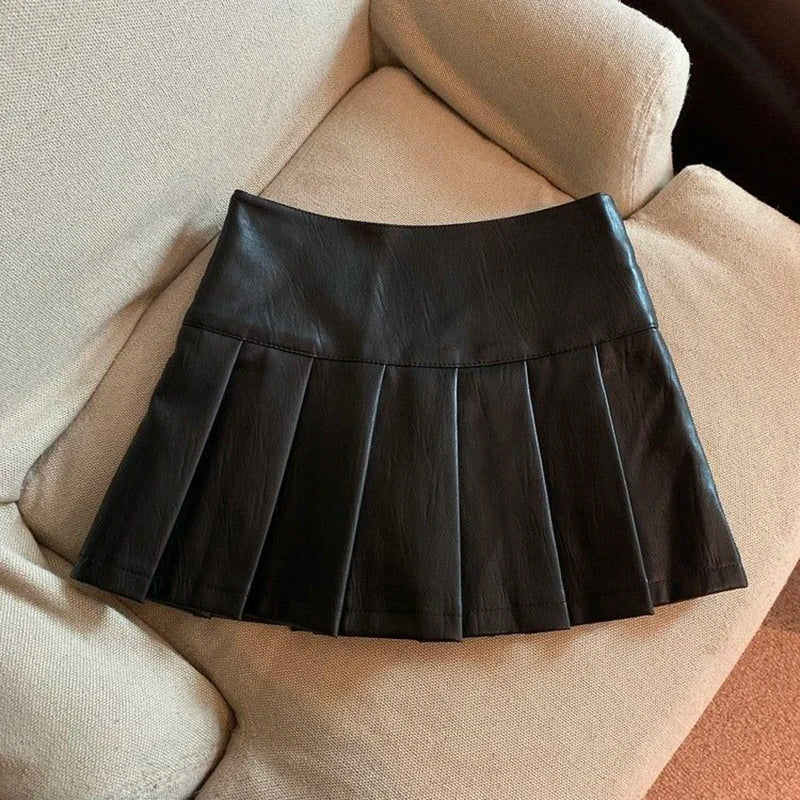 Minifaldas de piel sintética Y2K para mujer, estilo urbano, de cintura alta, plisadas, estilo vintage coreano, negras, ajustadas, informales, de corte A, tallas S-3XL