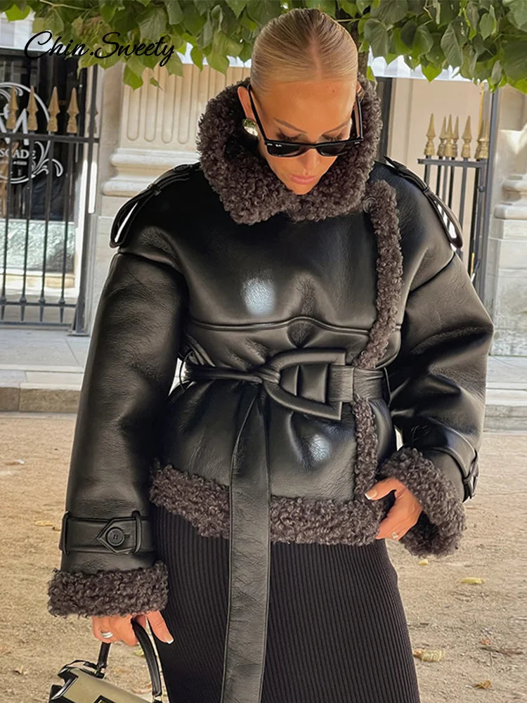 Abrigo de piel de oveja con parches vintage para mujer, chaqueta gruesa y cálida de manga larga con cordones y solapa, ropa de calle gruesa de invierno
