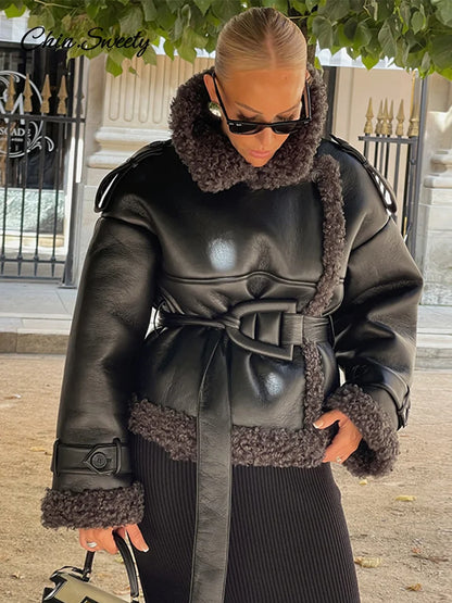 Abrigo de piel de oveja con parches vintage para mujer, chaqueta gruesa y cálida de manga larga con cordones y solapa, ropa de calle gruesa de invierno