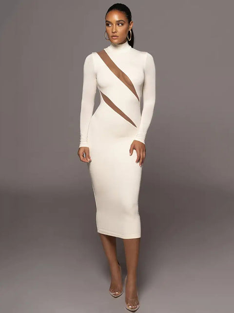Autumn/Winter Long Sleeve Mesh Patchwork Dress Women’s Perspective Bodycon Midi Dress Female Elegant Party Evening Dress