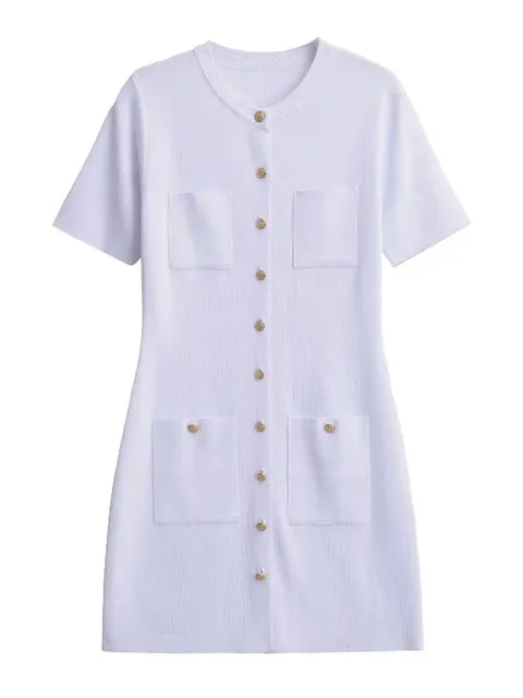Vestido mini de punto con bolsillos para mujer, vestido de otoño acanalado de cintura alta, elegante vestido de fiesta de retazos a la moda, vestido tipo cárdigan de punto