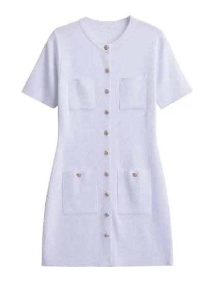 Vestido mini de punto con bolsillos para mujer, vestido de otoño acanalado de cintura alta, elegante vestido de fiesta de retazos a la moda, vestido tipo cárdigan de punto