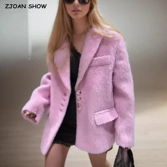 Blazer largo y peludo estilo boyfriend vintage para mujer, estilo streetwear, con bolsillos delanteros, holgado, de gran tamaño, a la moda, color rosa, 4 colores