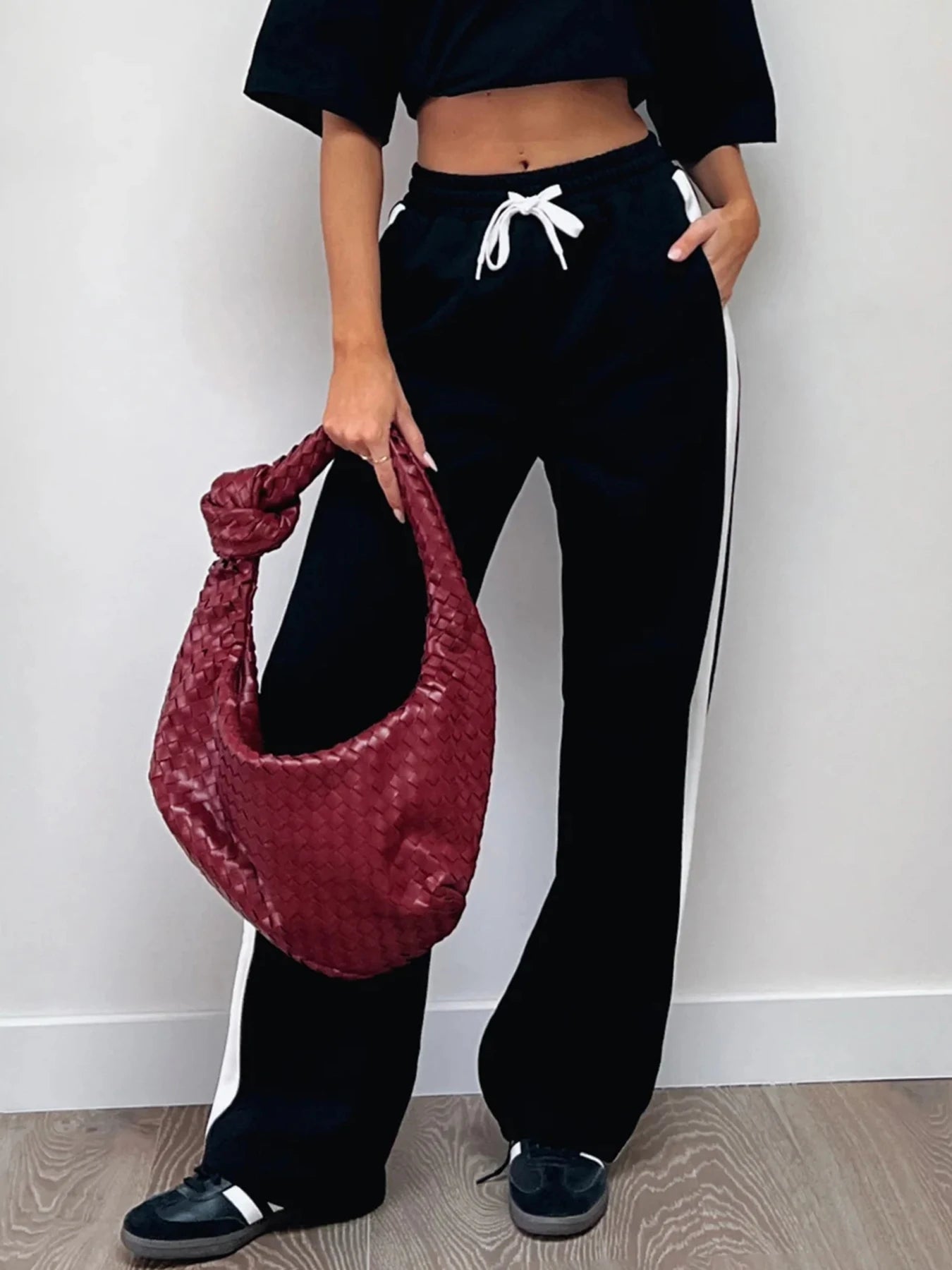 Gray Drawstring Elastic High Waist Casual Sweatpants Women Side Stripe Contrast Patchwork Black Loose Jogging Track Pants